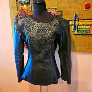 Vintage Black Embroidered Leather Jacket By SHOMAX
